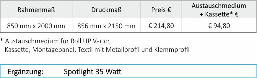 Groessentabelle Vario RollUp Display